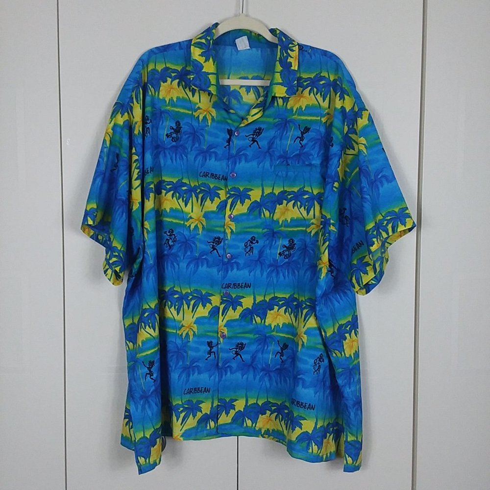 Rima Tropical Caribbean Button Front Blue & Yellow Shirt XXL